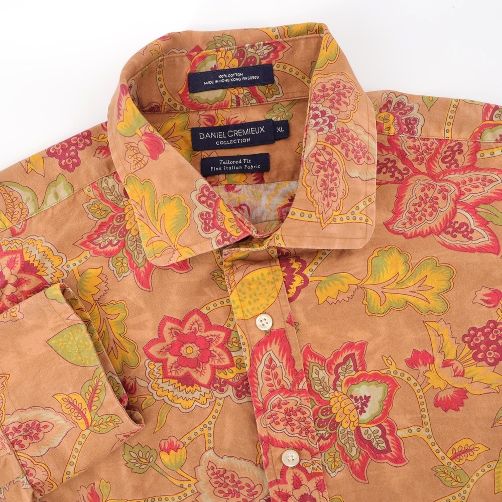 Daniel Cremieux Floral Paisley Button Front Shirt Tan Long Sleeve Mens XL